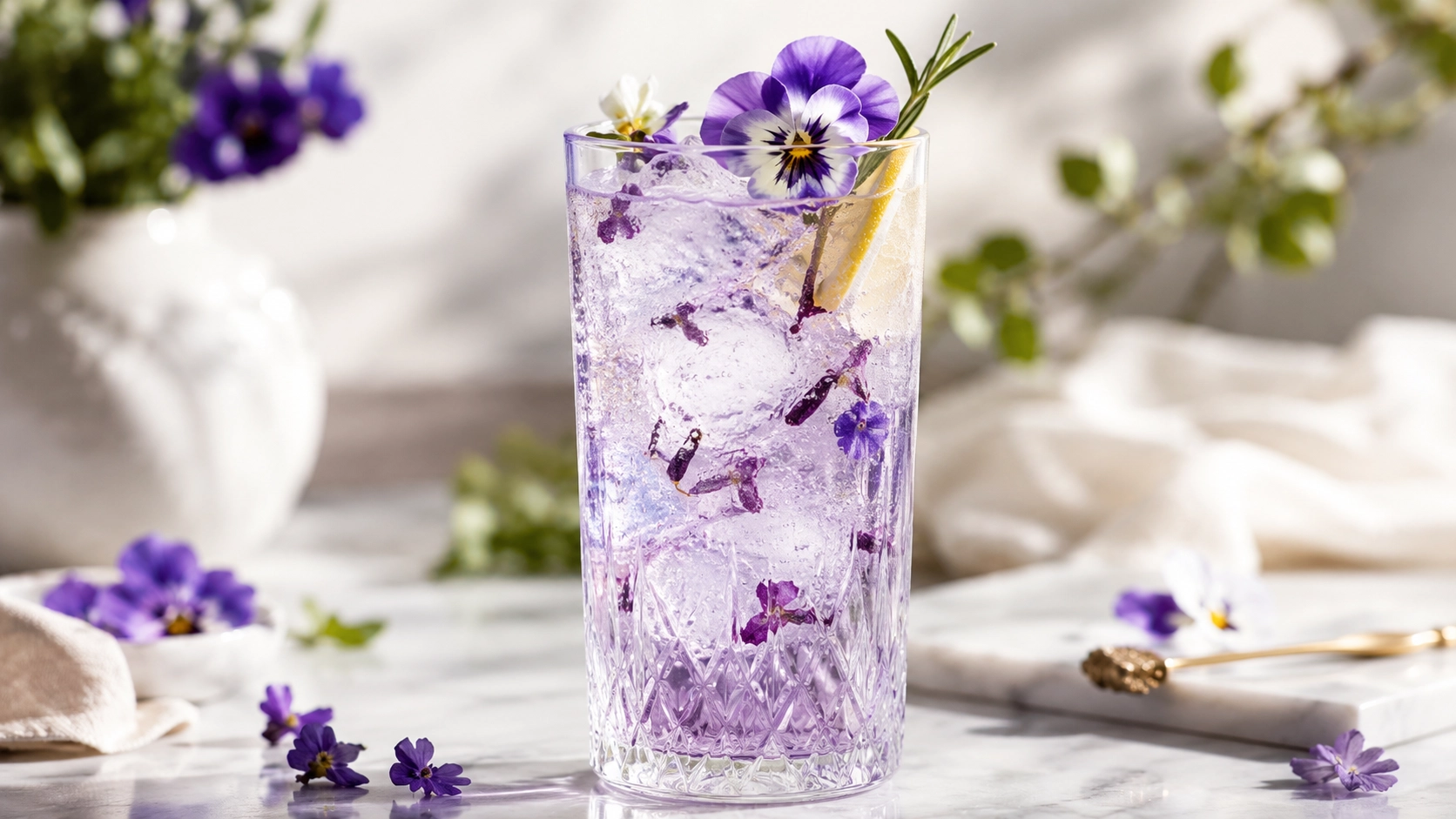 tu obrazek: mocktail w wysokim szkle z subtelnym fiolkiem