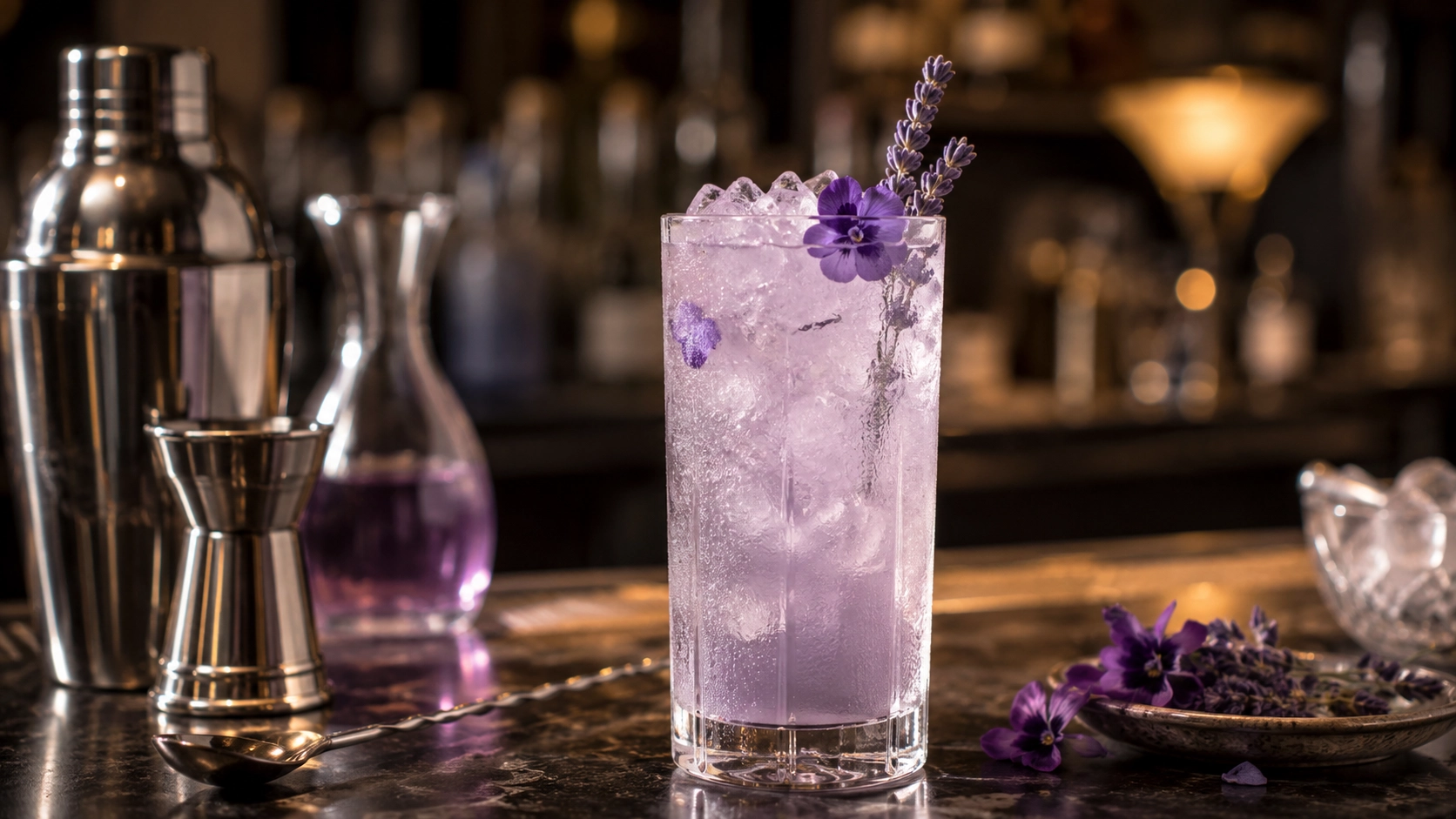 tu hero kampanijny: szklanka mocktailu z fiolkowym akcentem (landscape, klasyczny barmański setup)