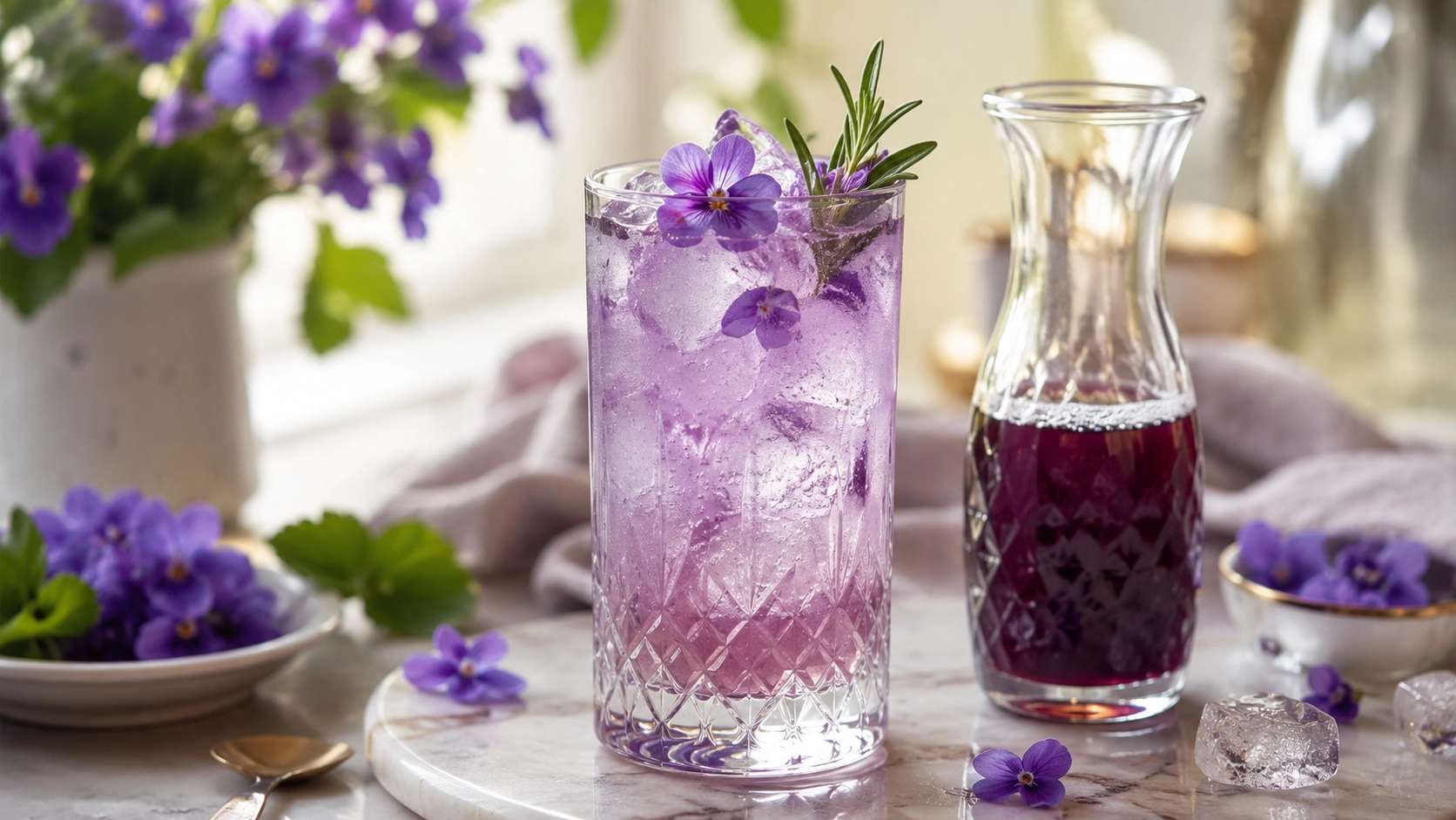 tu obrazek: mocktail z subtelnym fiolkowym zabarwieniem / domowy syrop fiolkowy w karafce