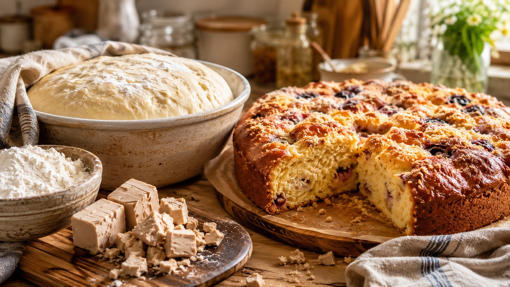 tu obrazek: ciasto drożdżowe / makro drożdży / kuchenna scena pieczenia