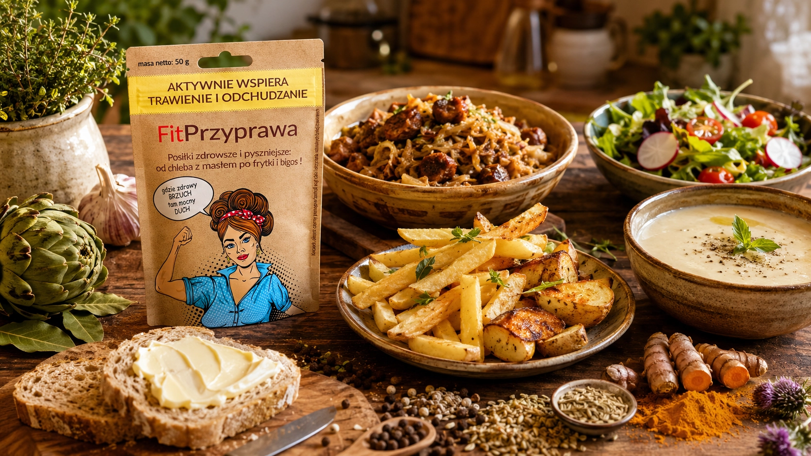 tu hero kampanijny: FitPrzyprawa na potrawie (landscape, np. ręka sypiąca przyprawę nad bigosem)