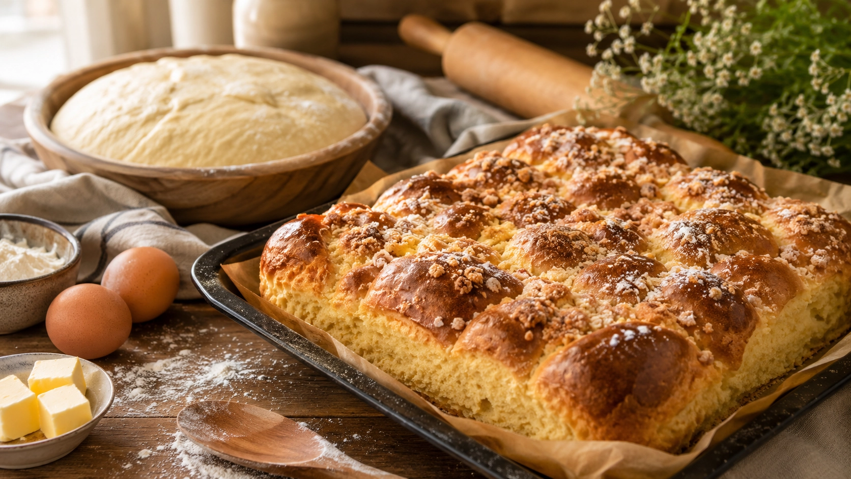 tu obrazek: ciasto drożdżowe / makro drożdży / scena pieczenia